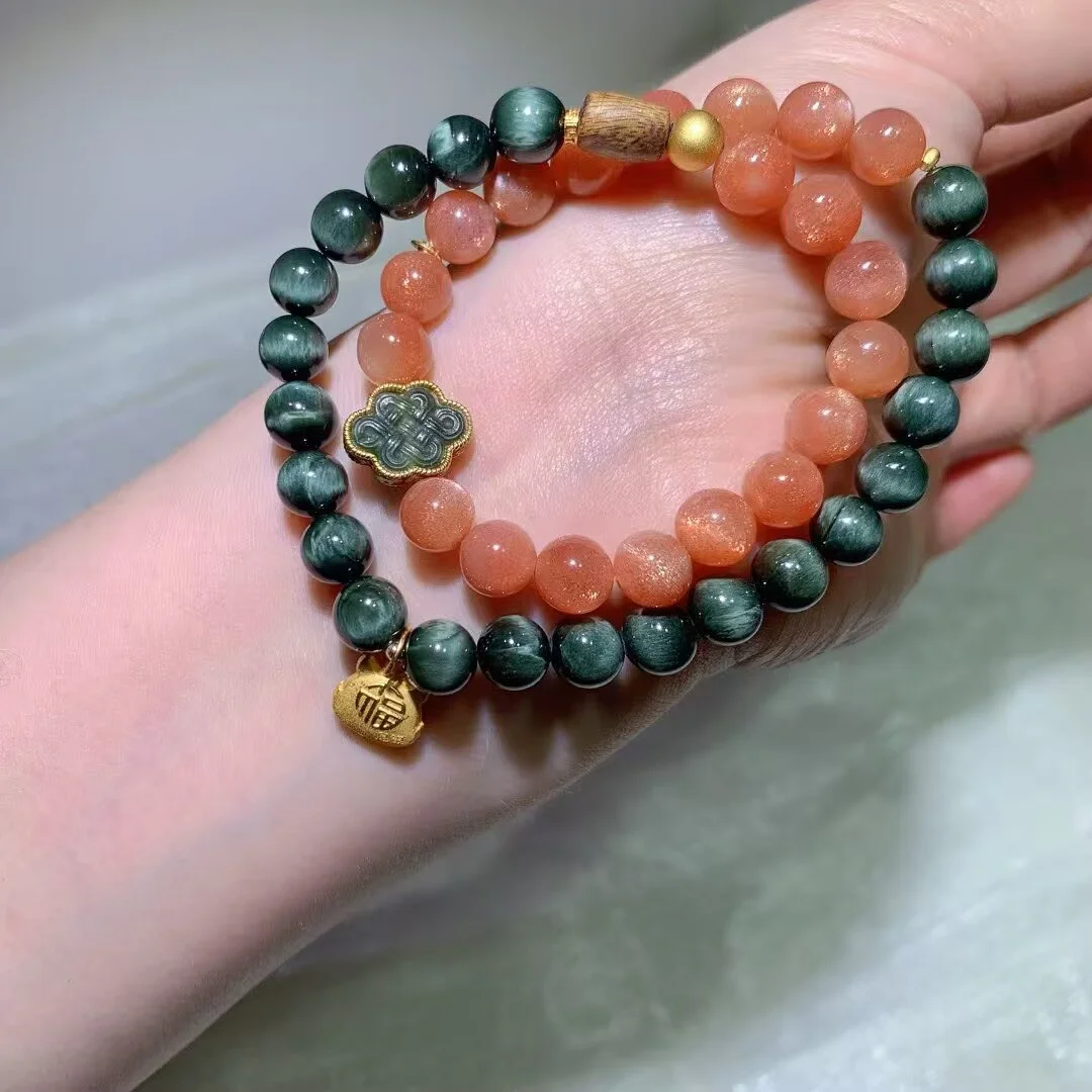 Golden Sunstone & Actinolite Multi-Wrap Bracelet · Knot Bead & Lock Charm · 7.8mm