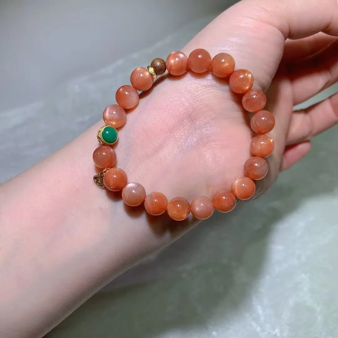 Golden Sunstone Bracelet · Green Inlay Bead & Small Charm · 9mm