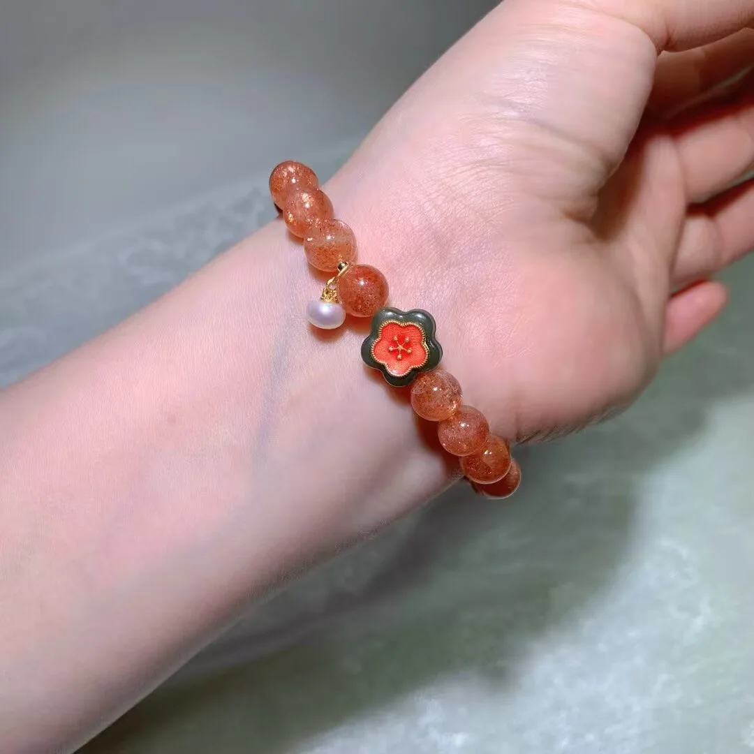 Golden Sunstone & Strawberry Quartz Bracelet · Flower Bead & White Drop · 8.9mm — detail photo