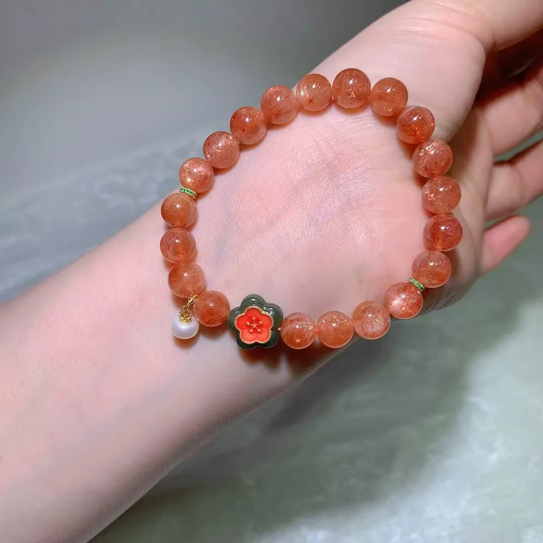 天然金太阳金草莓手链（花纹珠与白水滴 · 8.9mm）