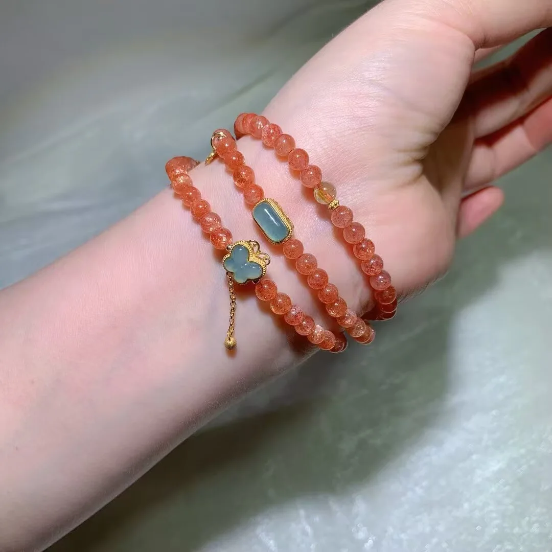 천연 골든 선스톤 스트로베리 쿼츠 멀티 랩 팔찌 (5.1mm) — 디테일 사진