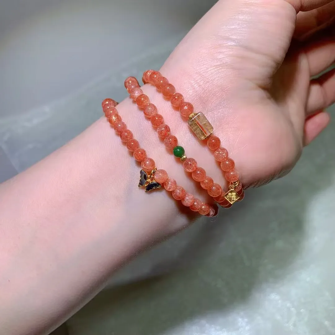 ゴールデンサンストーン&ストロベリークォーツ 多重巻きブレスレット · 透明ブロック珠 · 5.3mm
