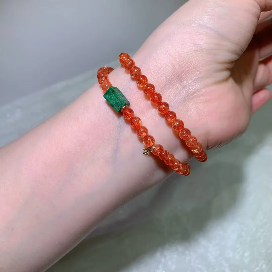 Golden Sunstone & Strawberry Quartz Multi-Wrap Bracelet · Green Barrel Bead · 5.3mm — detail photo