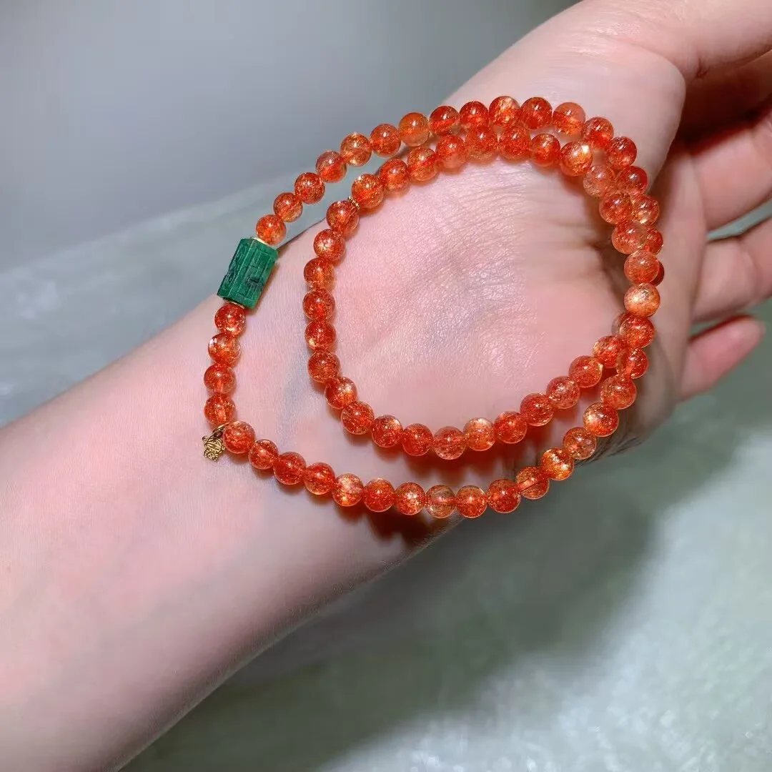 Golden Sunstone & Strawberry Quartz Multi-Wrap Bracelet · Green Barrel Bead · 5.3mm