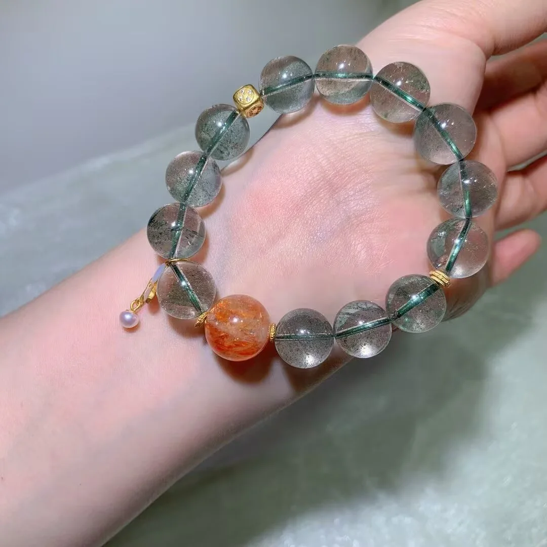Green Phantom Quartz Bracelet · Orange-Red Round Bead & Drop Charm · 13.3mm — detail photo