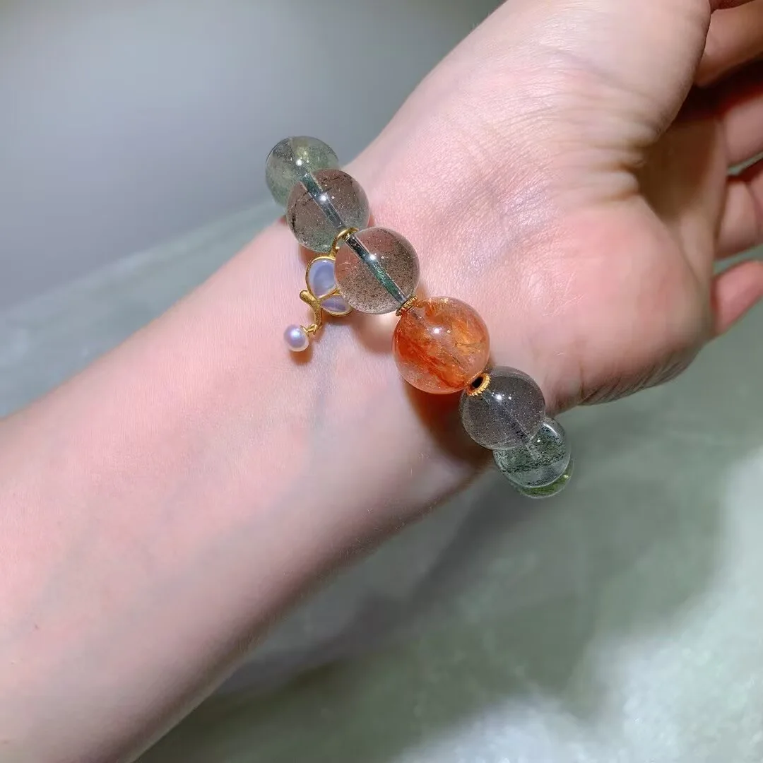 Green Phantom Quartz Bracelet · Orange-Red Round Bead & Drop Charm · 13.3mm