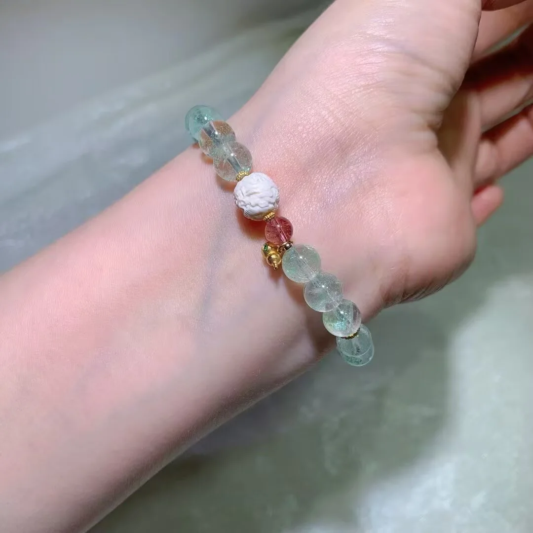 Green Phantom Quartz Bracelet · Carved White Bead & Strawberry Quartz · 8.2mm — detail photo
