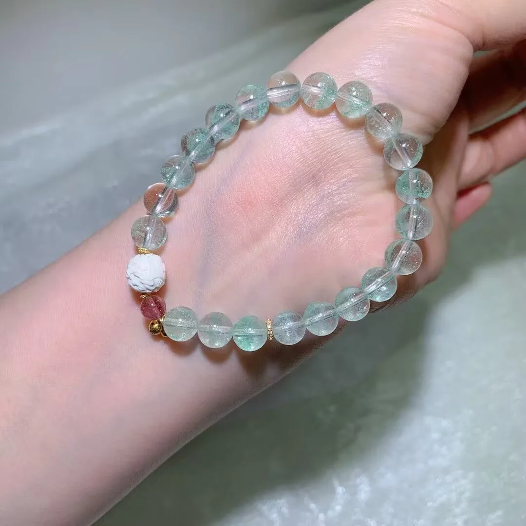 Green Phantom Quartz Bracelet · Carved White Bead & Strawberry Quartz · 8.2mm