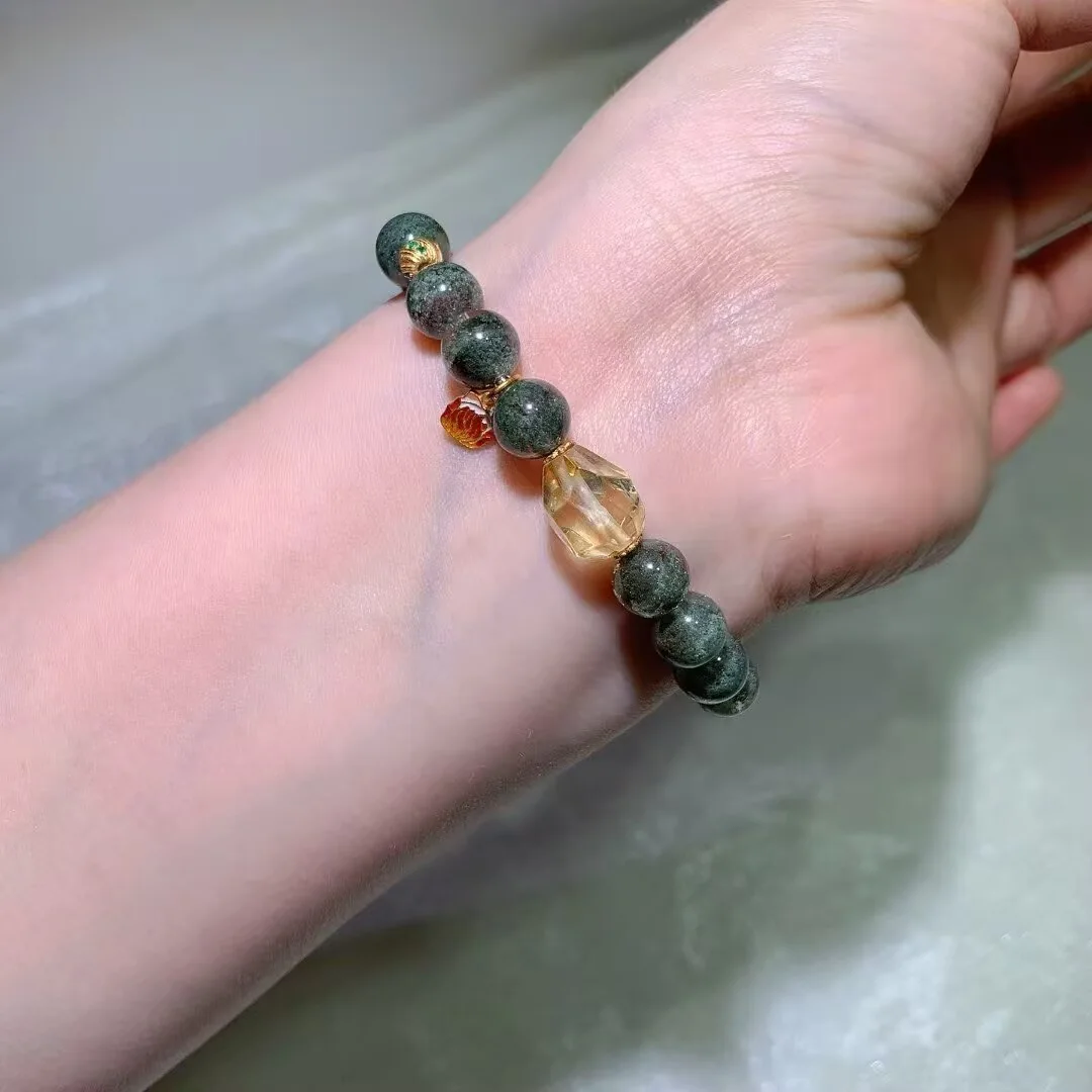Green Phantom Quartz Bracelet · Citrine Nugget & Orange Charm · 8.7mm