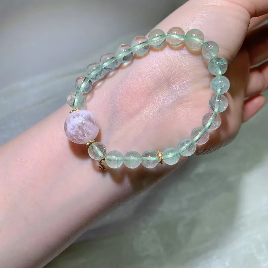 Green Phantom Quartz Bracelet · Lilac-Pink Focal Bead · 8mm