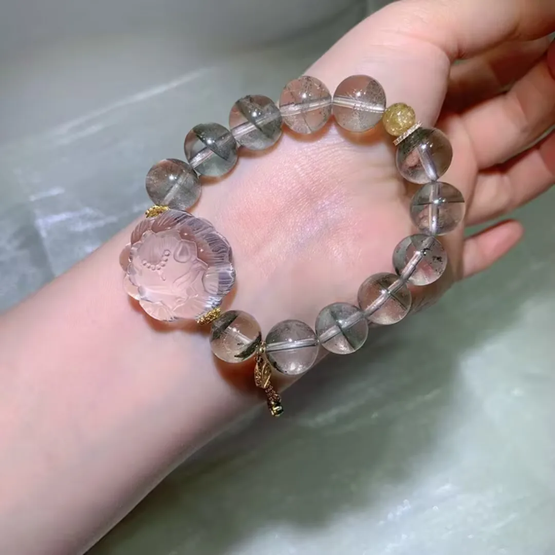 Natural Green Phantom Quartz Bracelet with Carved Flower-Fox Centerpiece (13mm)