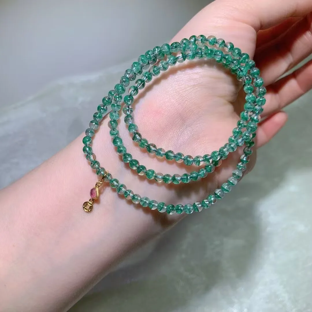 그린 팬텀 쿼츠 멀티 랩 팔찌 · 핑크 물방울 참 · 4mm