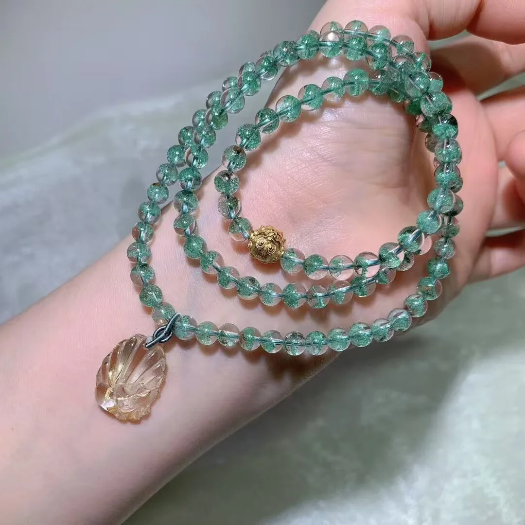 Green Phantom Quartz Multi-Wrap Bracelet · Carved Shell Charm & Filigree Bead · 5.5mm
