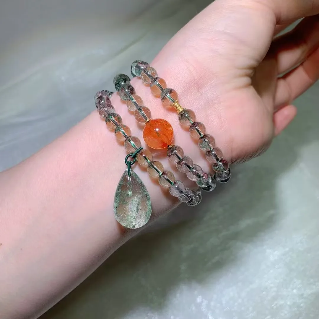 Natural Green Phantom Quartz Multi-Wrap Bracelet with Teardrop Charm (7.3mm) — detail photo