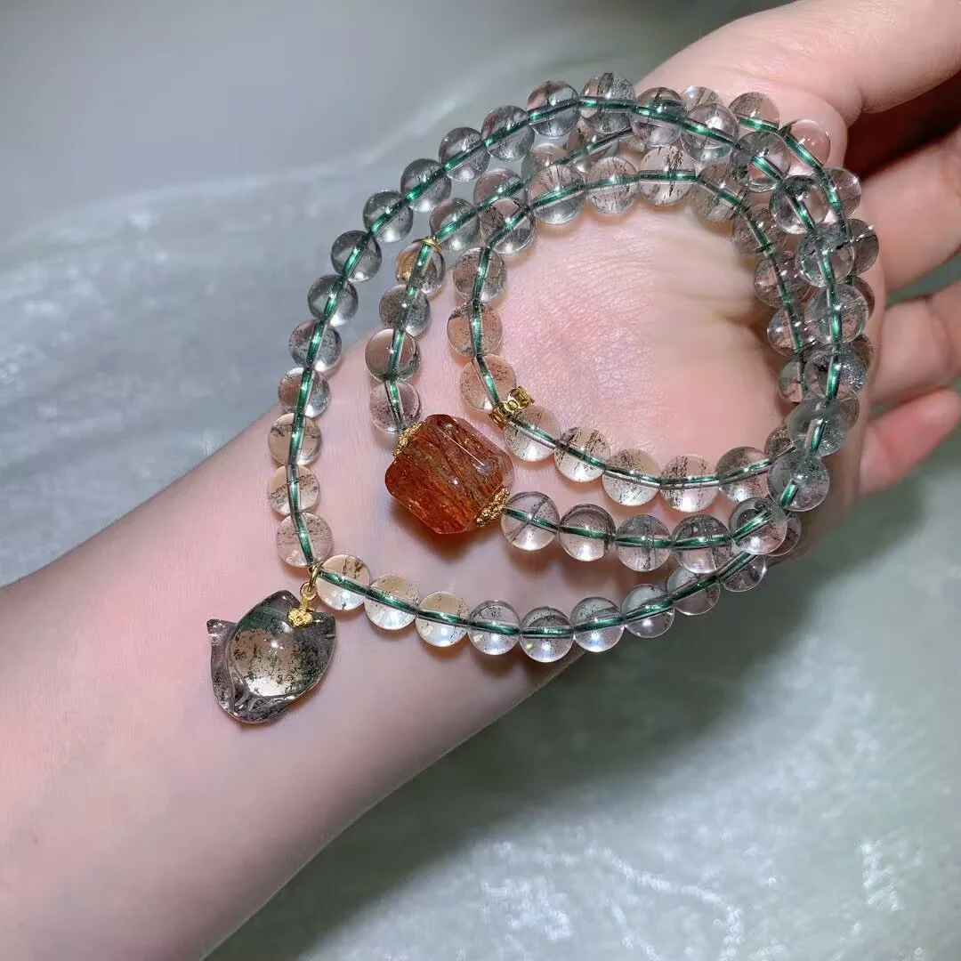 그린 팬텀 쿼츠 멀티 랩 팔찌 · 고양이 얼굴 참 · 7.6mm — 디테일 사진