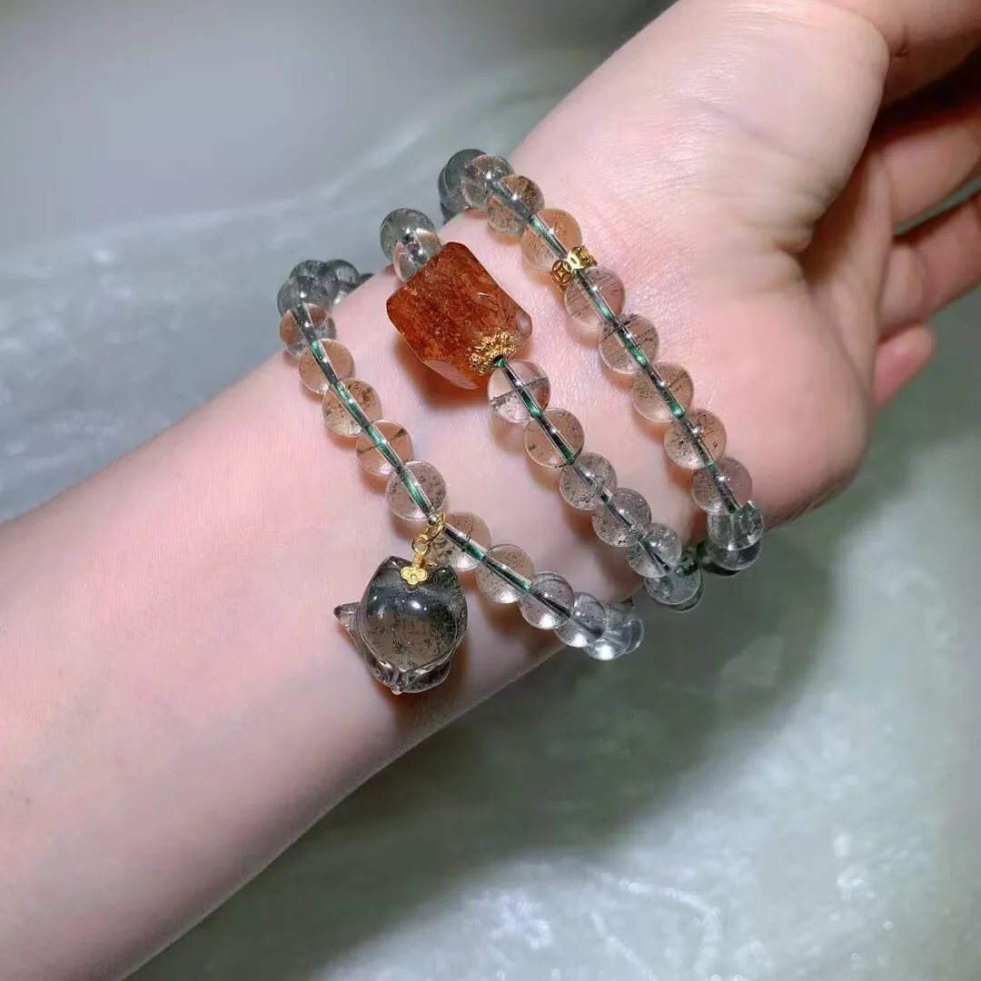그린 팬텀 쿼츠 멀티 랩 팔찌 · 고양이 얼굴 참 · 7.6mm