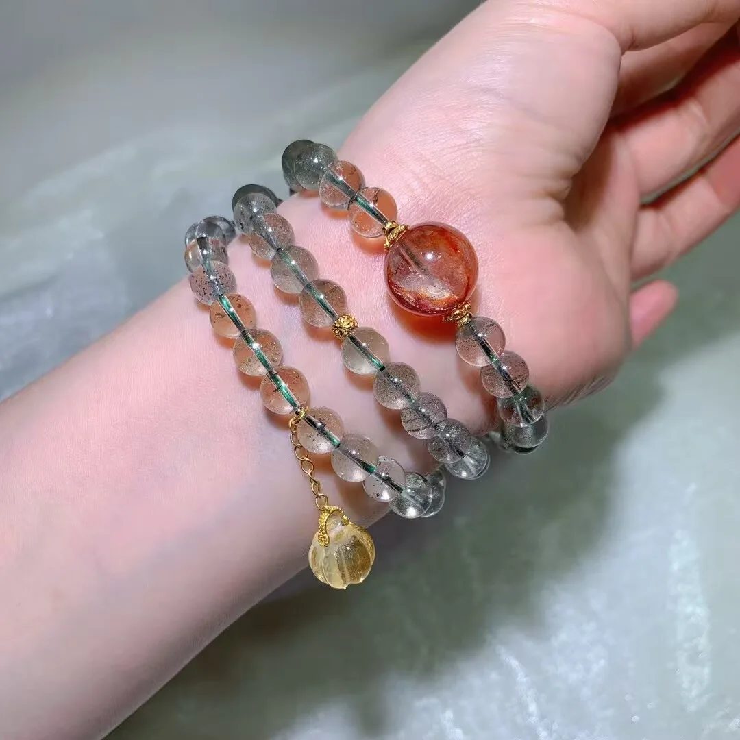 Green Phantom Quartz Multi-Wrap Bracelet · Red Round Bead & Pumpkin Charm · 8.3mm — detail photo