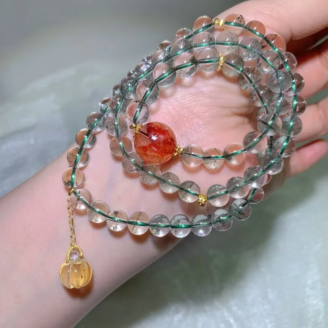 Green Phantom Quartz Multi-Wrap Bracelet · Red Round Bead & Pumpkin Charm · 8.3mm