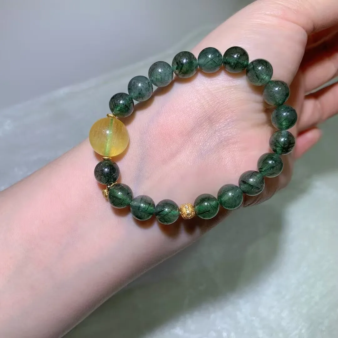 天然绿发晶手链（蜜黄大圆珠 · 9.1mm） — 细节图