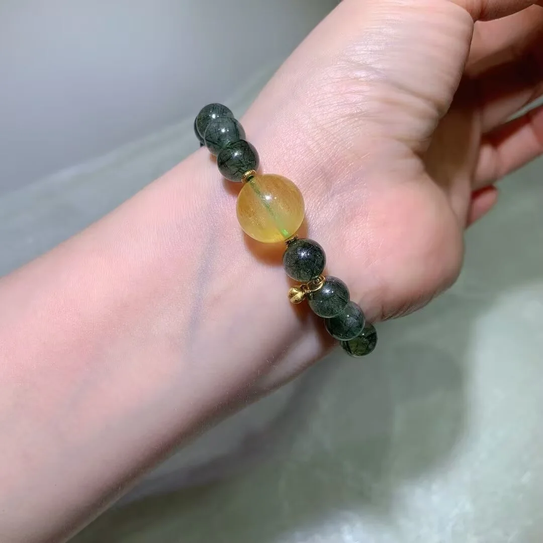 天然绿发晶手链(蜜黄大圆珠 · 9.1mm)