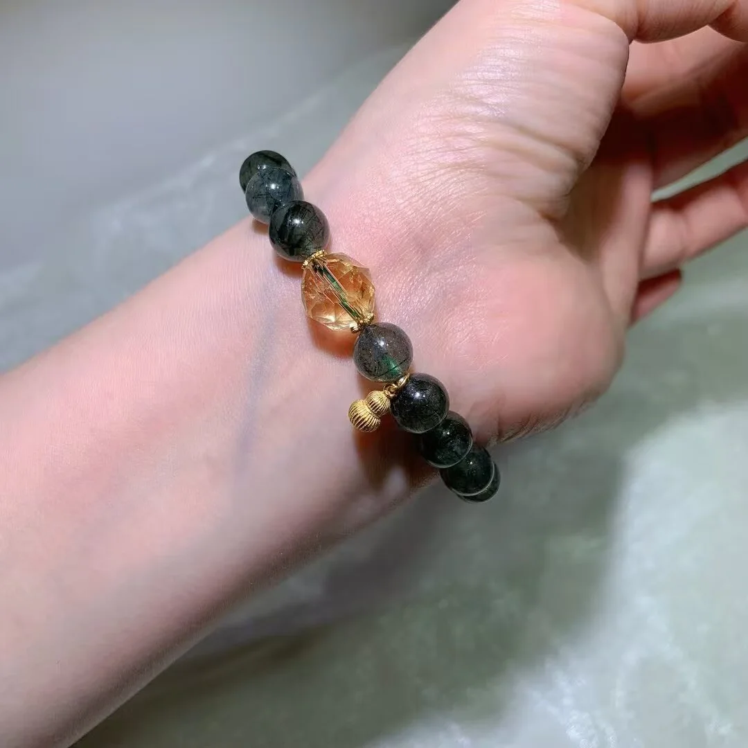 Green Rutilated Quartz Bracelet · Faceted Honey Crystal & Gourd Charm · 9.8mm — detail photo