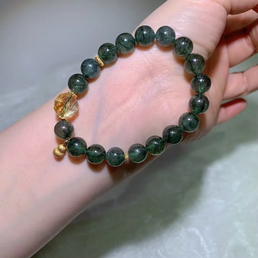 Green Rutilated Quartz Bracelet · Faceted Honey Crystal & Gourd Charm · 9.8mm