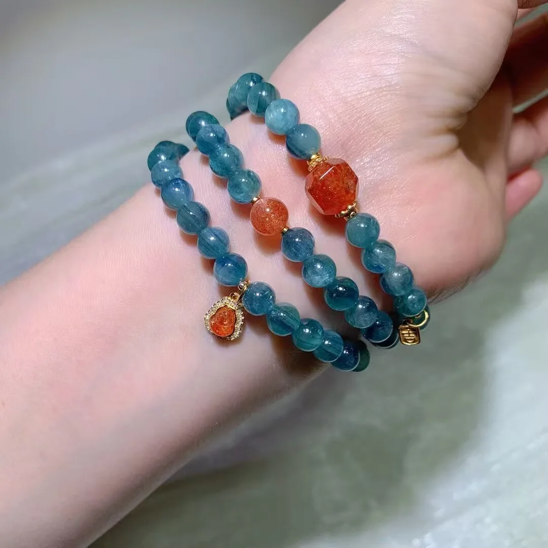 Kyanite Multi-Wrap Bracelet · Orange Bead & Gourd Charm · 6.6mm — detail photo
