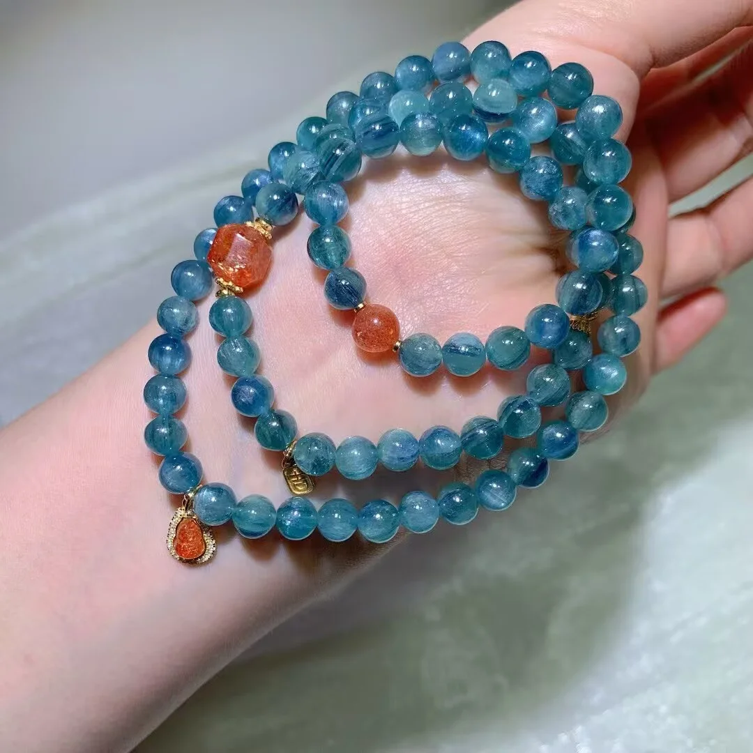 Kyanite Multi-Wrap Bracelet · Orange Bead & Gourd Charm · 6.6mm