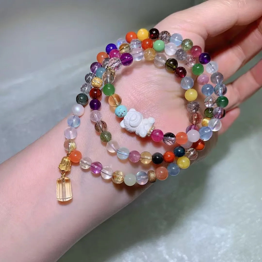 Multi-Gem Crystal Multi-Wrap Bracelet · Carved White Lion & Crystal Drop · approx. 6.2mm — detail photo
