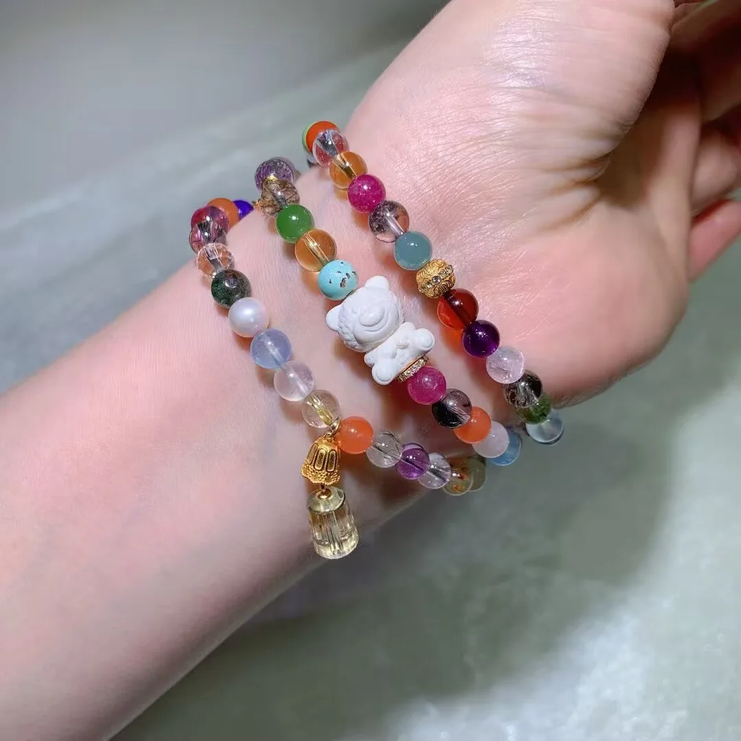 Multi-Gem Crystal Multi-Wrap Bracelet · Carved White Lion & Crystal Drop · approx. 6.2mm