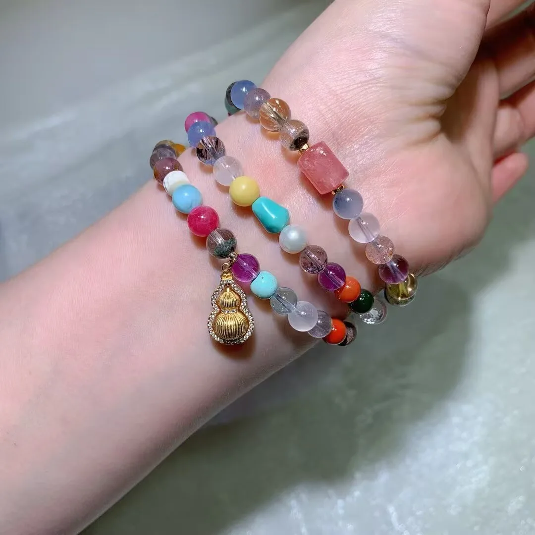 Multi-Gem Crystal Multi-Wrap Bracelet · Gourd Charm & Pink Barrel Bead · approx. 6.5mm — detail photo