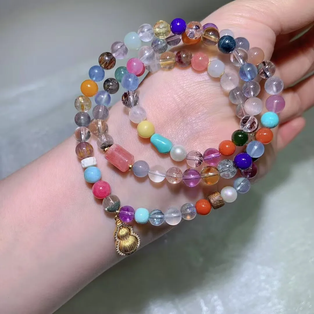 Multi-Gem Crystal Multi-Wrap Bracelet · Gourd Charm & Pink Barrel Bead · approx. 6.5mm