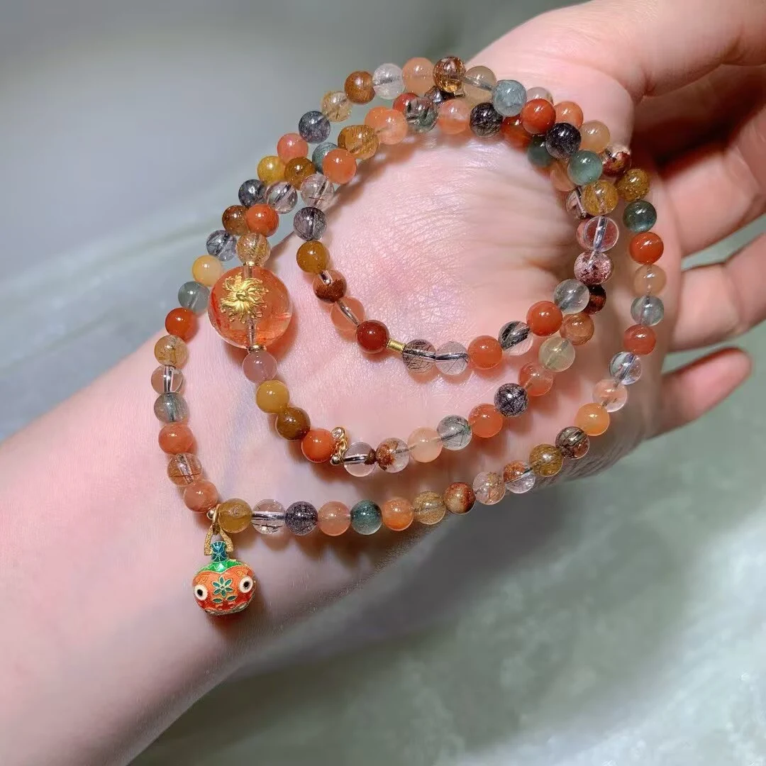 Multi-Gem Crystal Multi-Wrap Bracelet · Orange Flower-Inlay Bead & Round Charm · Piece No. 2 · 5.5mm