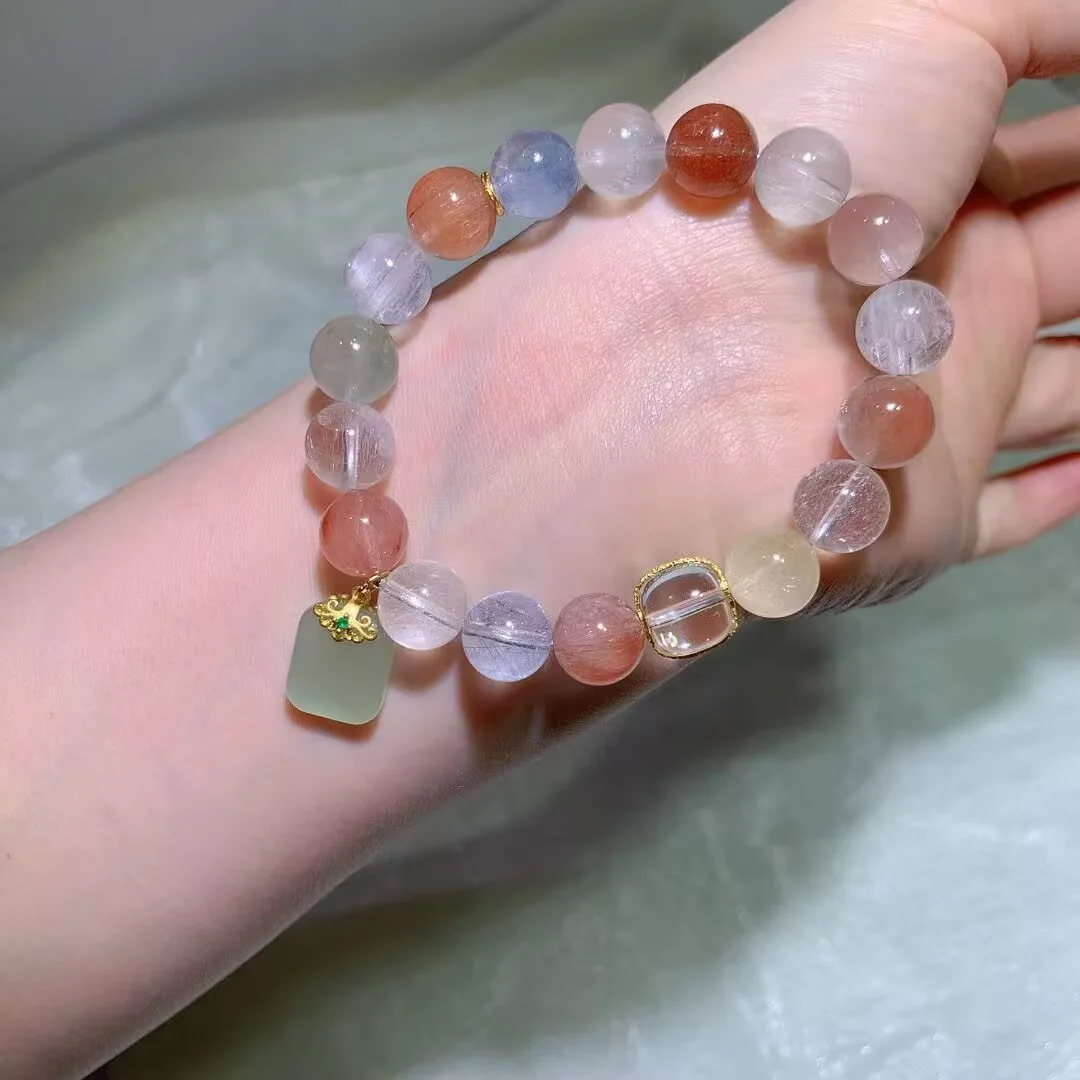 Multicolor Rabbit Hair Quartz Bracelet · Plaque Charm · 10.6mm