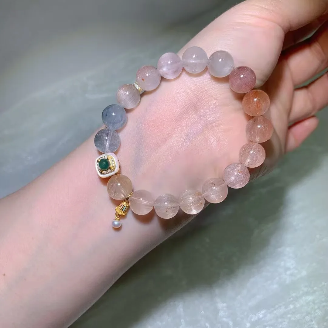 Multicolor Rabbit Hair Quartz Bracelet · Bell Charm, Piece No. 2 · 10.6mm — detail photo