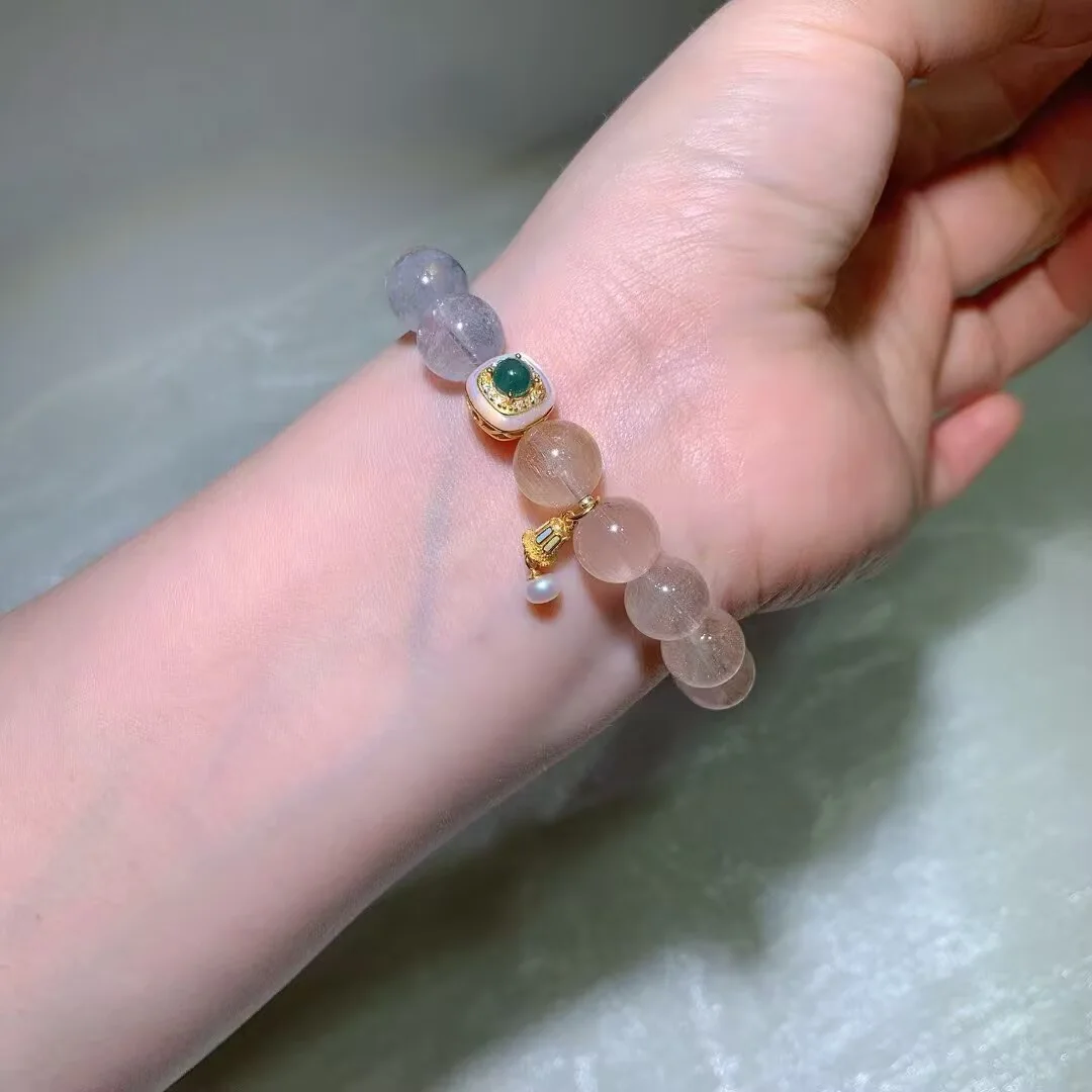 Multicolor Rabbit Hair Quartz Bracelet · Bell Charm, Piece No. 2 · 10.6mm