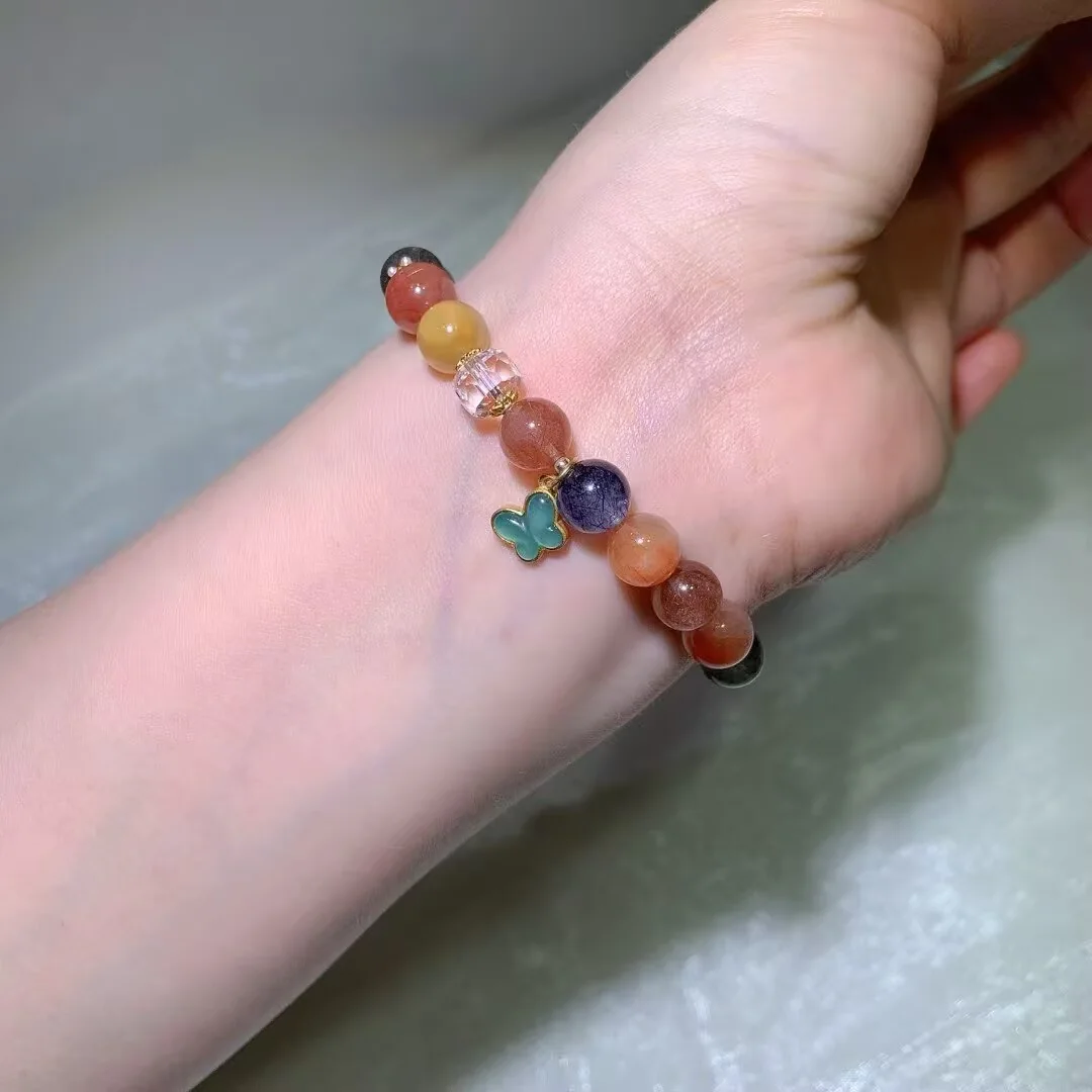 Multicolor Rabbit Hair Quartz Bracelet · Butterfly Charm · 8.9mm — detail photo