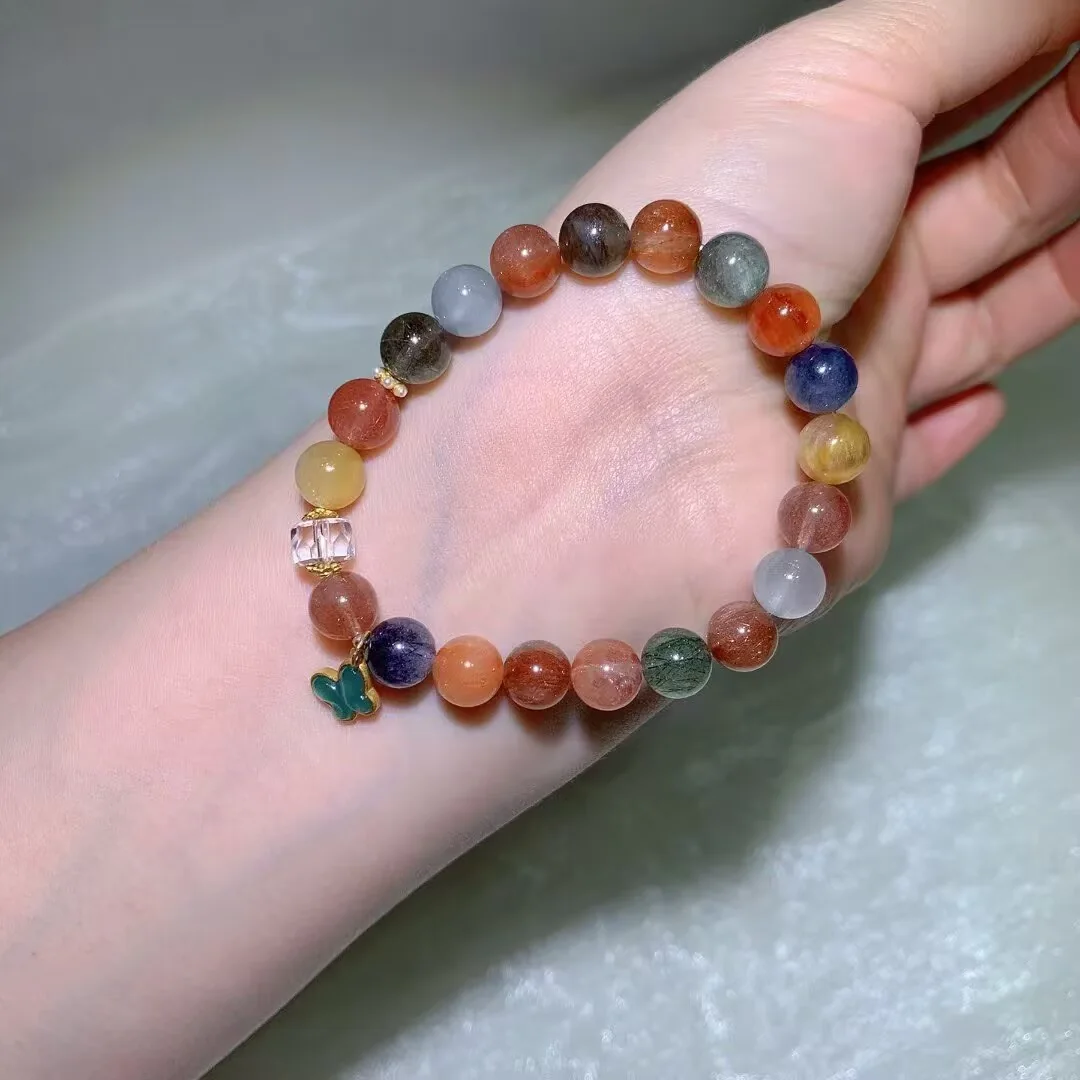 Multicolor Rabbit Hair Quartz Bracelet · Butterfly Charm · 8.9mm