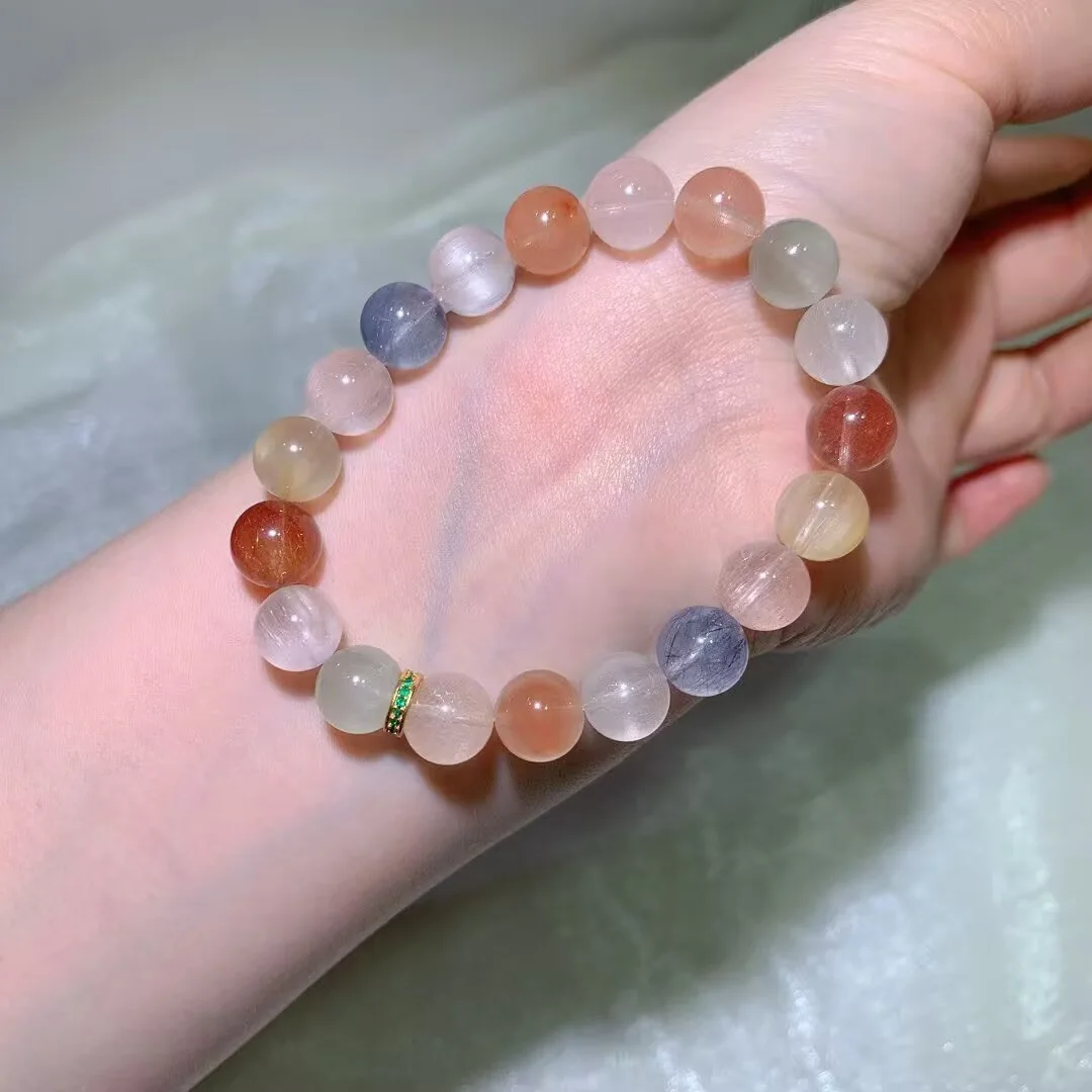 天然彩兔毛手链（绿点古法隔圈 · 9.8mm） — 细节图