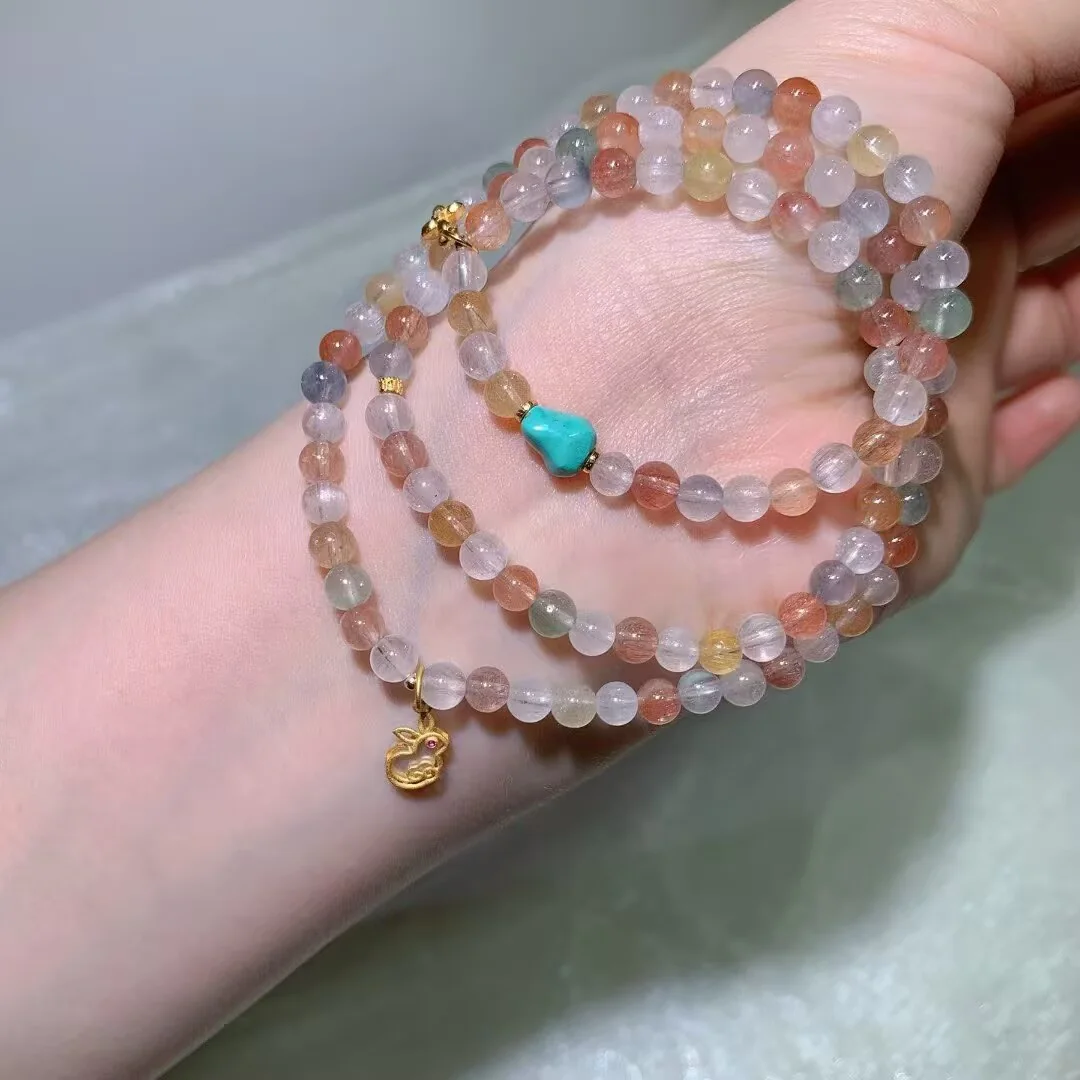 Multicolor Rabbit Hair Quartz Multi-Wrap Bracelet · Turquoise Nugget & Rabbit Charm · 5.2mm — detail photo