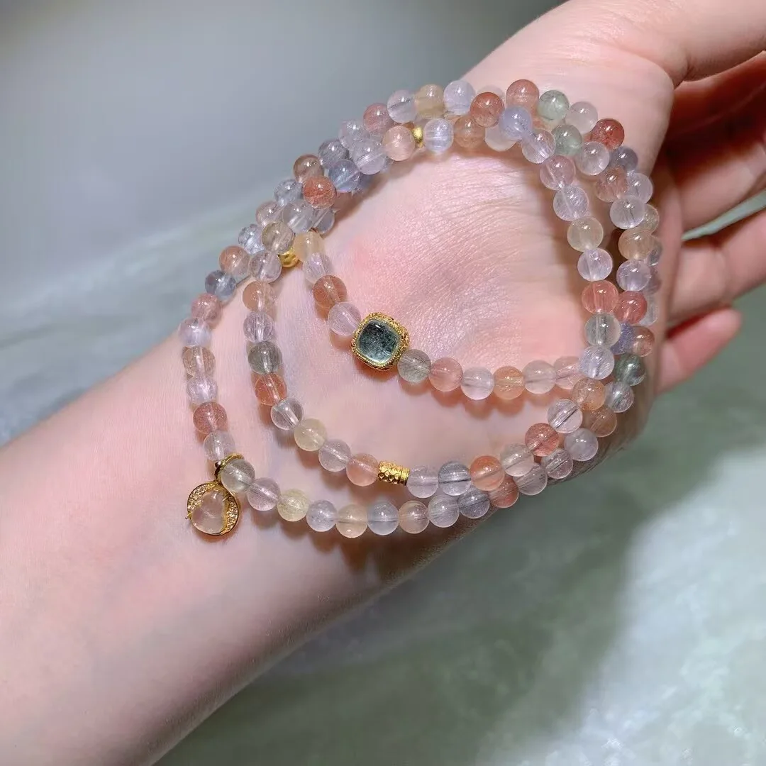 マルチカラーラビットヘアークォーツ 多重巻きブレスレット · 青緑の角石 · No. 2 · 5.2mm