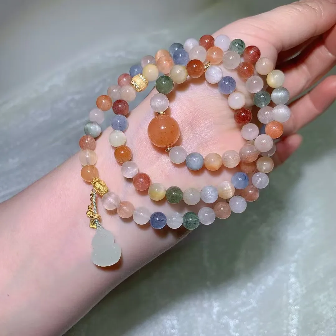 Multicolor Rabbit Hair Quartz Multi-Wrap Bracelet · Gourd Tassel Charm · 7.1mm — detail photo
