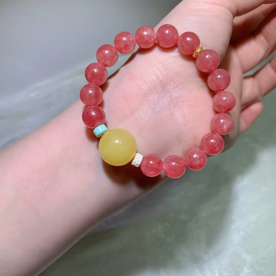 Rhodochrosite Bracelet · Honey Amber Bead · 10mm