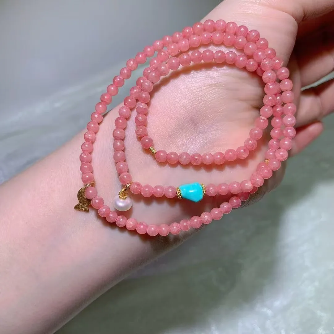 Rhodochrosite Multi-Wrap Bracelet · Turquoise-Blue Nugget & Fish Charm · 4.2mm — detail photo