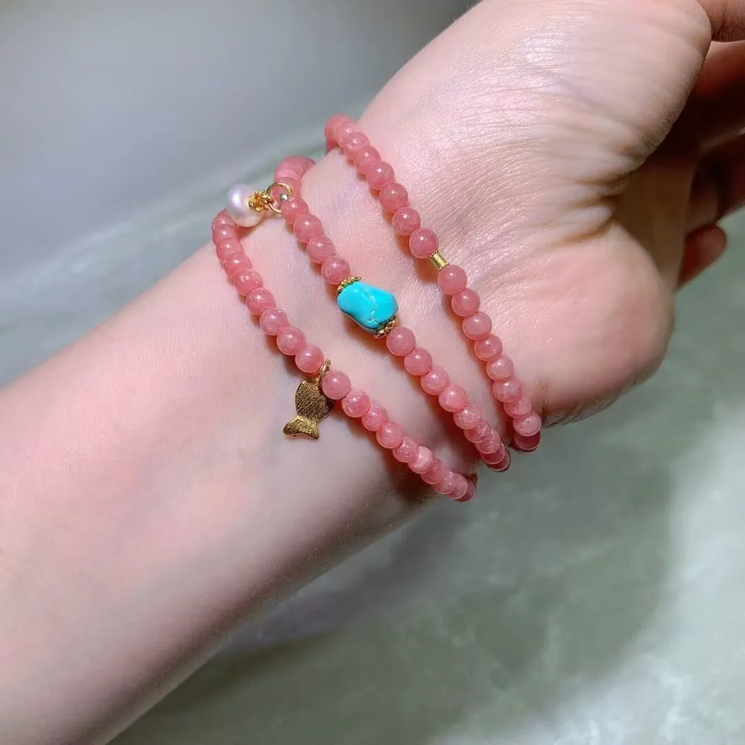 Rhodochrosite Multi-Wrap Bracelet · Turquoise-Blue Nugget & Fish Charm · 4.2mm