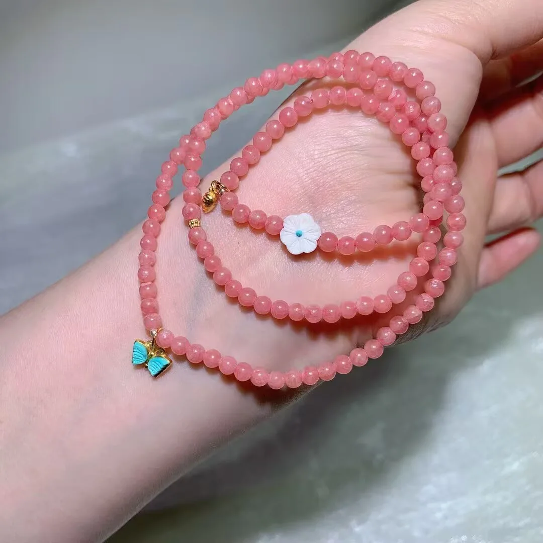 Rhodochrosite Multi-Wrap Bracelet · Flower Bead & Bow Charm · 4.3mm — detail photo