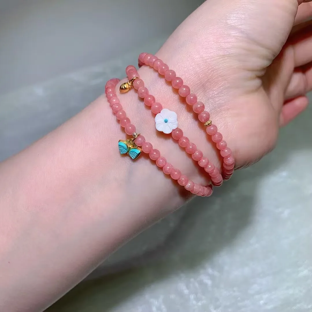Rhodochrosite Multi-Wrap Bracelet · Flower Bead & Bow Charm · 4.3mm