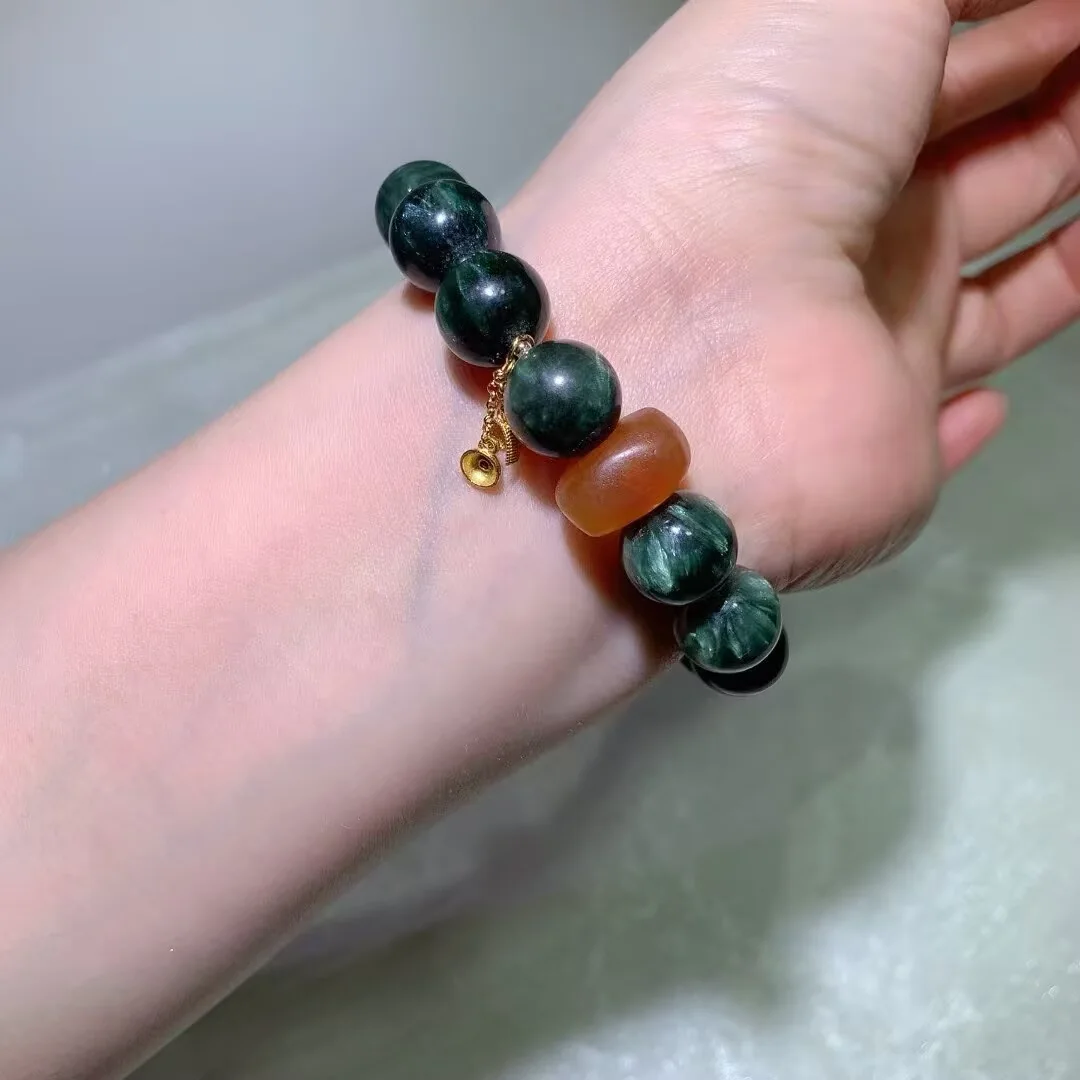 天然绿龙纹手链(蜜蜡与珐琅色隔珠 · 12.9mm) — 细节图