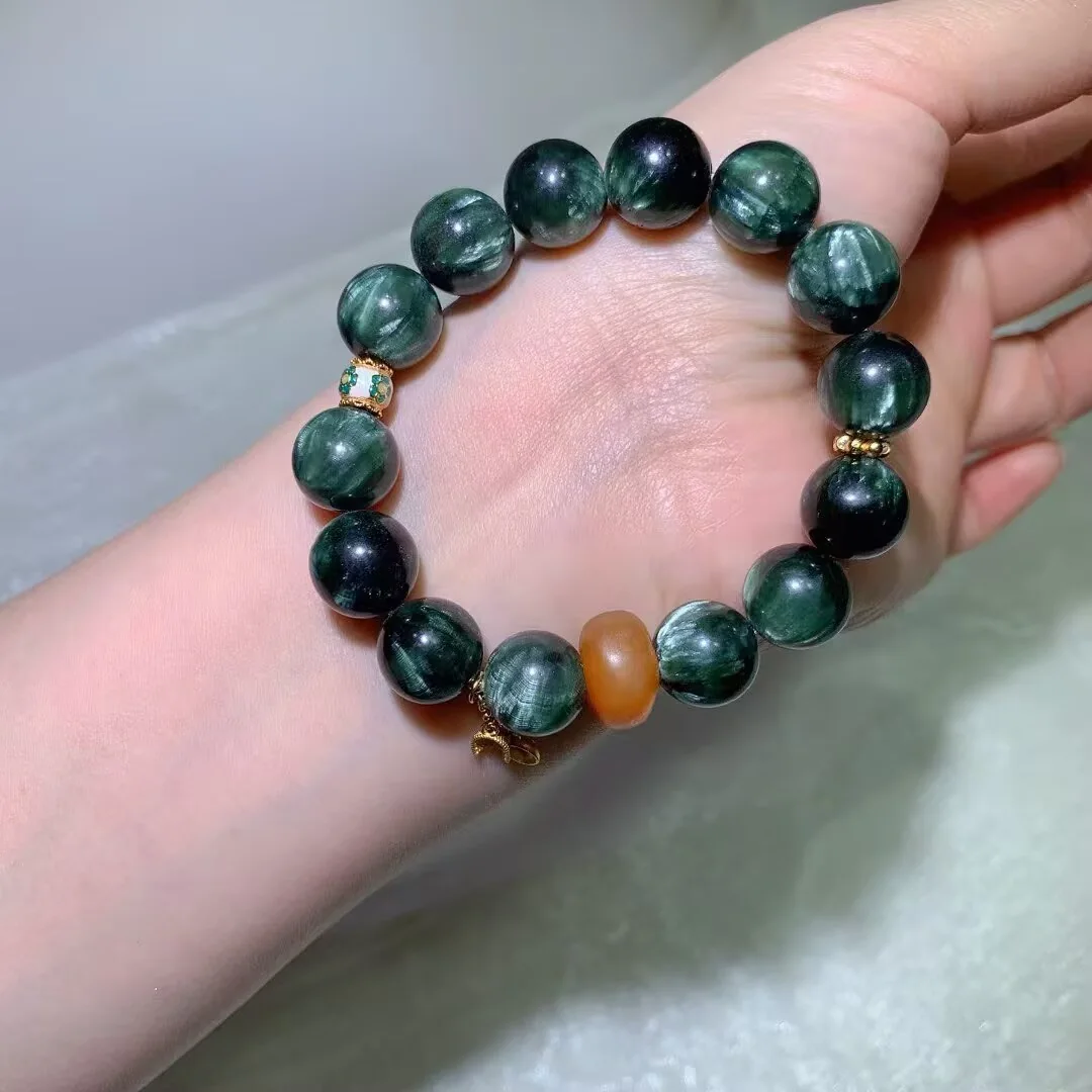 Seraphinite Bracelet · Beeswax Amber & Enamel Bead · 12.9mm