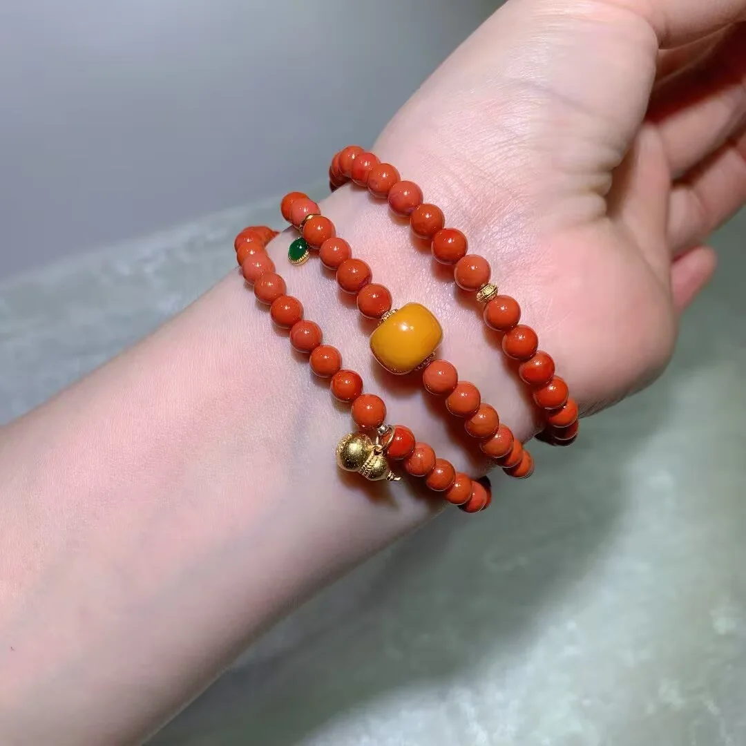 Southern Red Agate Multi-Wrap Bracelet · Beeswax Bead & Gourd Charm · 5.7mm
